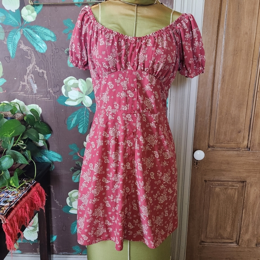 Trixxi Floral Mini Dress Womens M Pink Milkmaid Puff Sleeve Cottagecore Prairie
